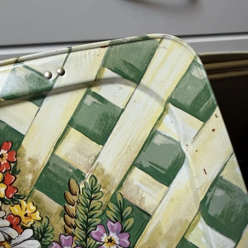 Mcm Metal Floral Tv Tray Set Of 4 With Rolling Cart Stand Cottagecore Garden VTG
